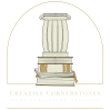 A squat, Greek pillar is supported by a stack of books. A thin gold arch wraps around it, and underneath are the words "Creative Cornerstones - Book Publishing Services"