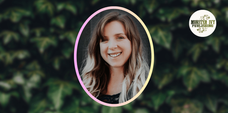 A gold framed oval portrait of a smiling young blonde woman rests atop a blurred backdrop of ivy. A logo for Monster Ivy Publishing is stamped at the top right corner