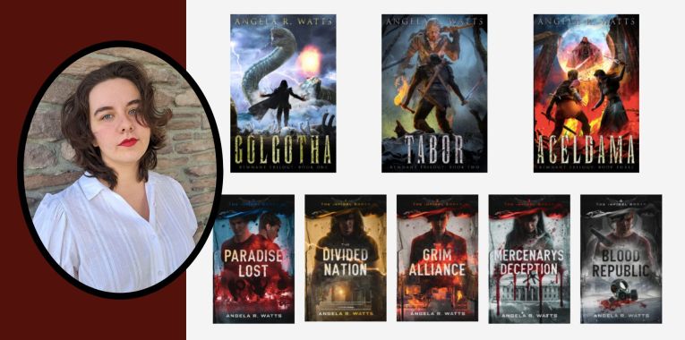 A split screen shows the portrait of a young brunette author on the left, and 2 rows of fantasy and sci-fi books on the right.