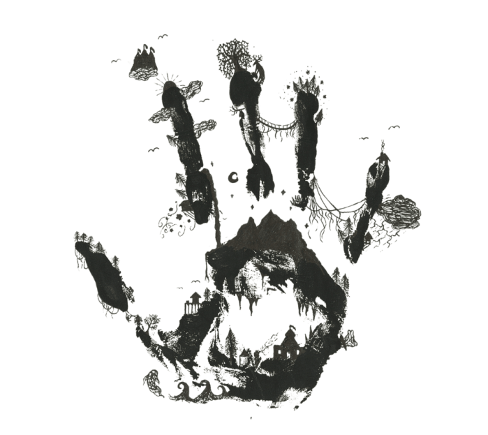 An ink print of a human hand filled in with tiny drawings of clouds, castles, birds, storms, waves, and animals. The images stretch between fingers, rest on the fingertips, and fill in the empty space of the palm.