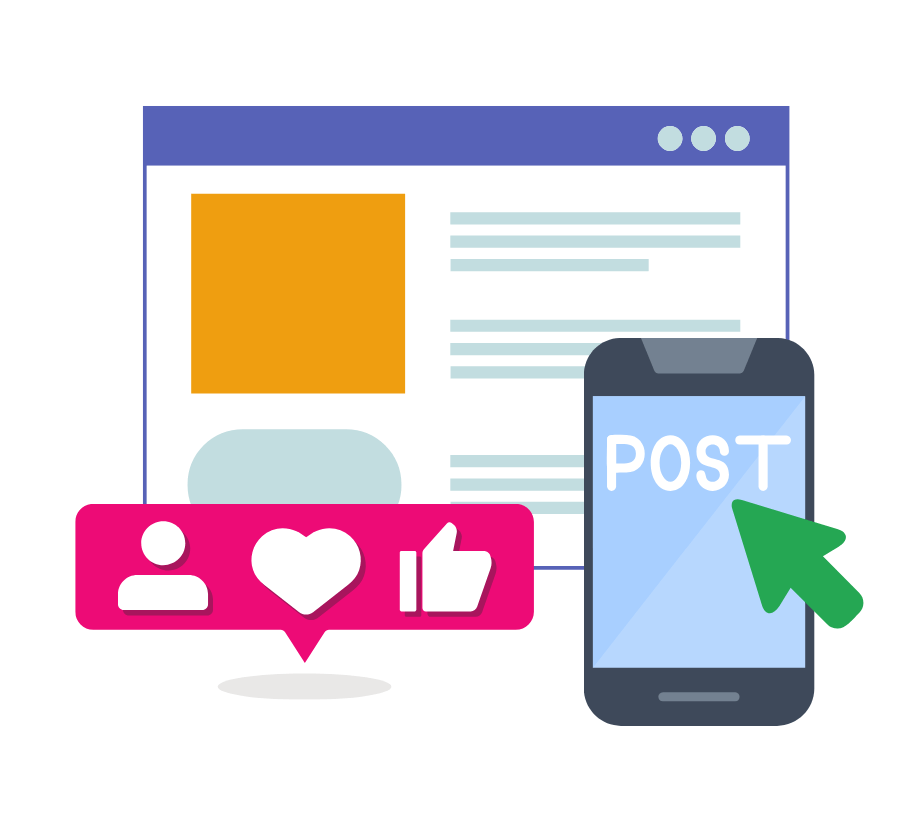 A graphic showing a webpage, smartphone with the word "POST" filling the screen, and a bar of social media notifications