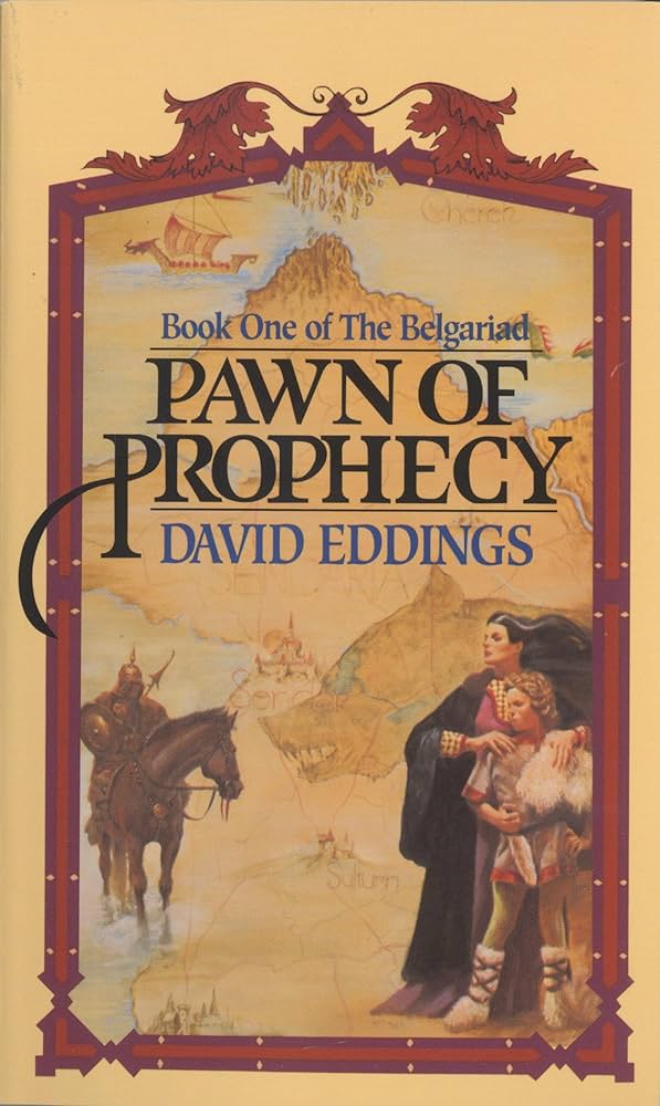 Pawn of Prophecy cover: an elegant middle-aged woman in sweeping robes clutches the shoulders of a young boy, a sepia-toned map of the world behind them.