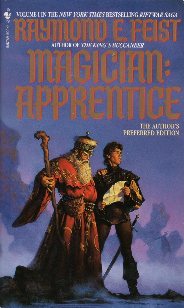 Magician: Apprentice cover: an old wizard in a scarlet robe grasps the shoulder of a young man who holds a map and looks off into the deep blue twilight.