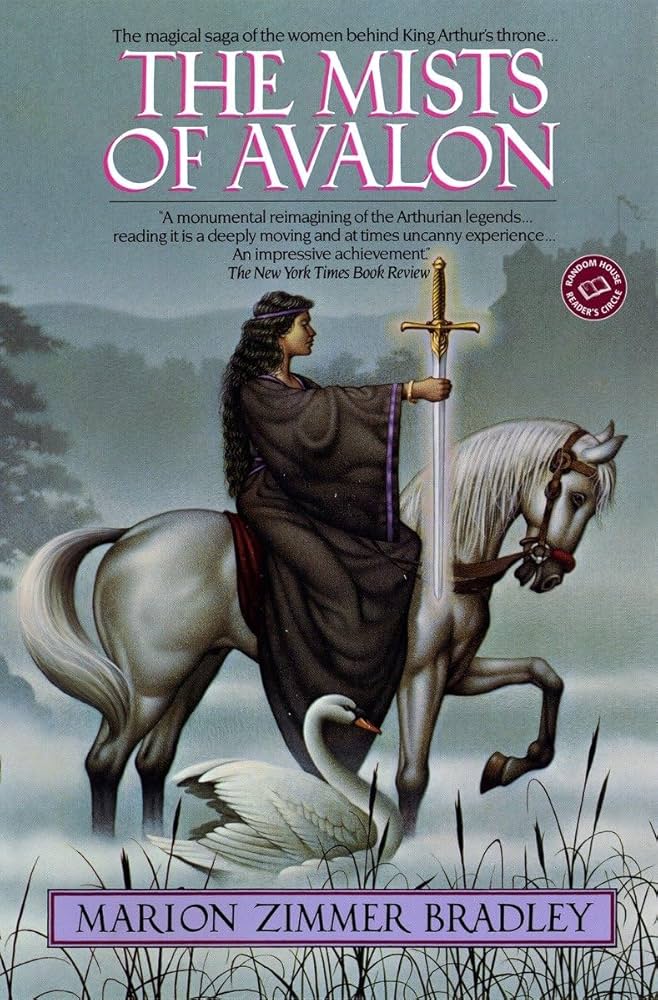 The Mists of Avalon: a robed brunette woman rides a white horn through a misty forest, a swan by her side and a blade in her hand.