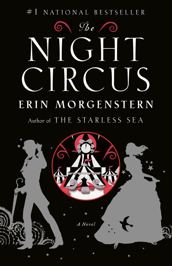The Night Circus cover: clipart-esque cutouts of a man in a hat and woman in a ballgown against a black background with a colorful drawing of a circus tent between them.