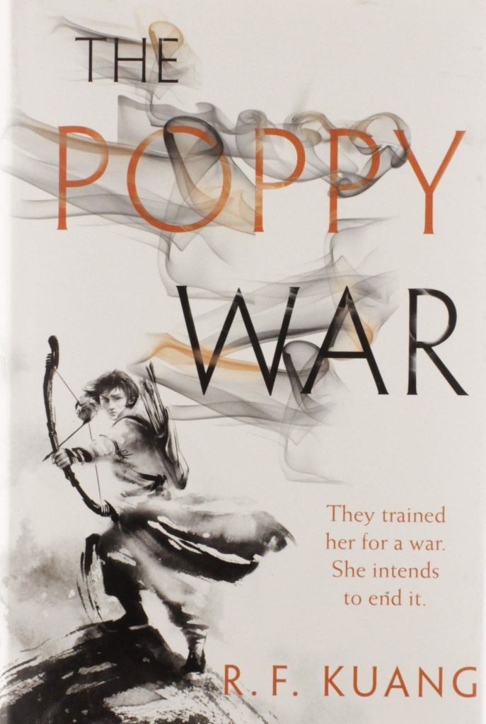 The Poppy War cover: a woman with short hair aims her bow from her perch on a rock - stylized like a Chinese ink painting.