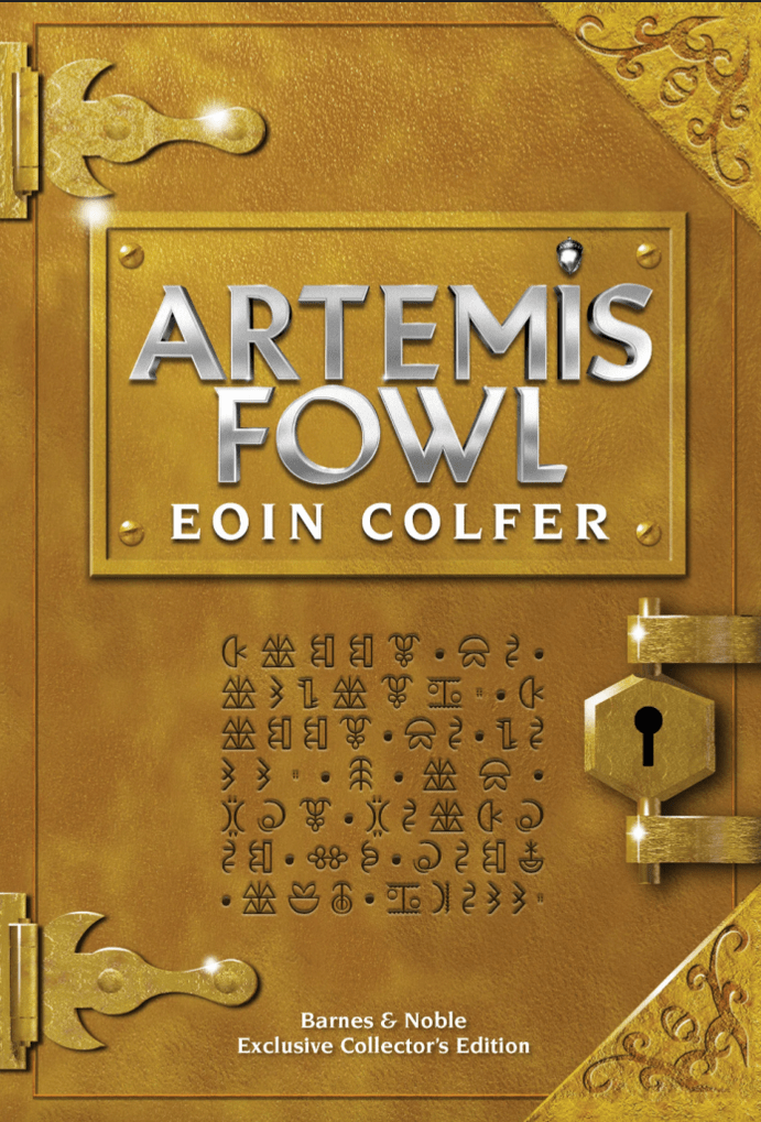 Artemis Fowl cover: stylized to look like a leather bound tome with clasps along the spine and a lock at its edge. Foreign runes are stamped beneath the title.