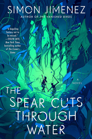 The Spear Cuts Through Water cover: 2 tiny armed figures fight in the palm of a massive, luminous green hand, wound about by vines and leaves
