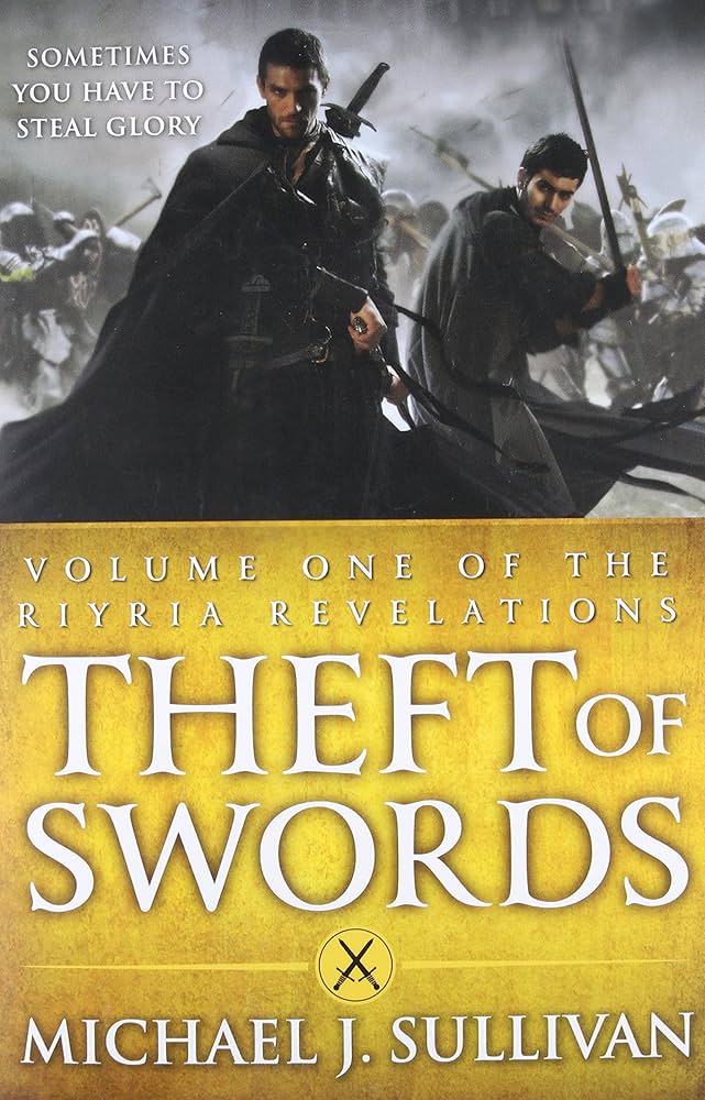 Theft of Swords cover: two cloaked men stand side by side in a battle against knights, one tall and bulky, the other short and slender.